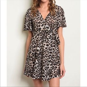 Source Unknown Leopard Print V-Neck faux Wrap Mini Dress - Taupe & Black